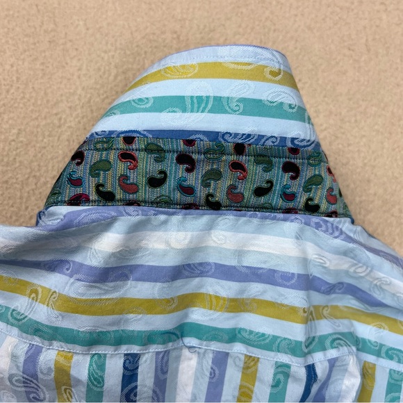 Robert Graham Shirt Men’s L / XL Blue Striped Long Sleeve Button Up Cotton Silk - Picture 10 of 10